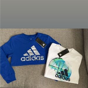 Adidas Kids Long Sleeve Blue and White Tees